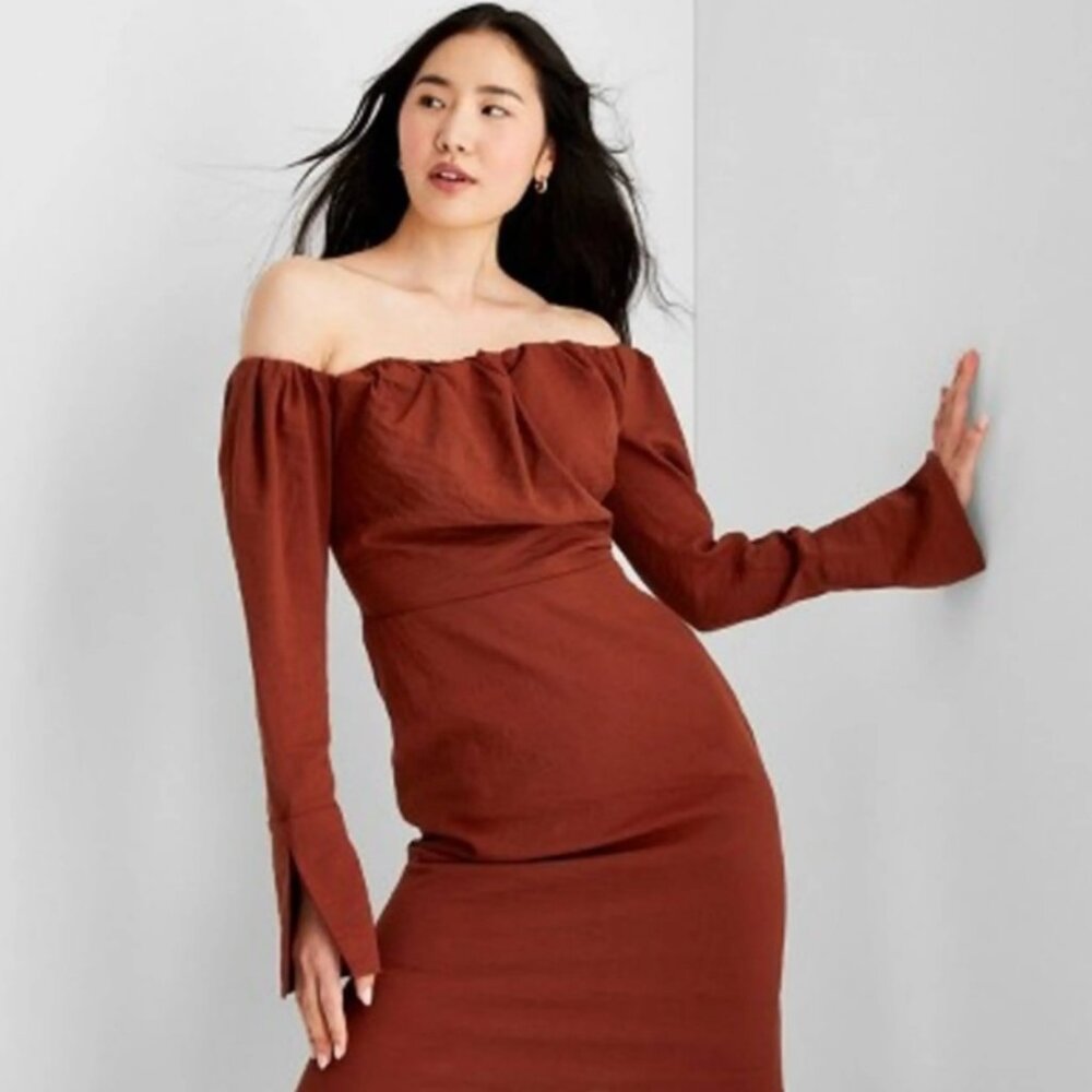 Future Collective Reese Blutstein Rust Red Off Shoulder Midi Dress 10 - Picture 2 of 9
